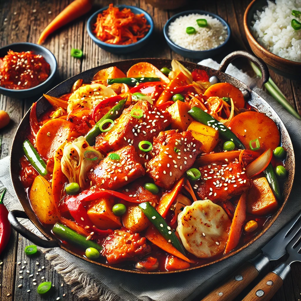 매콤한 닭갈비와 신선한 채소, 떡볶이 떡이 어우러진 한식 점심 메뉴 이미지