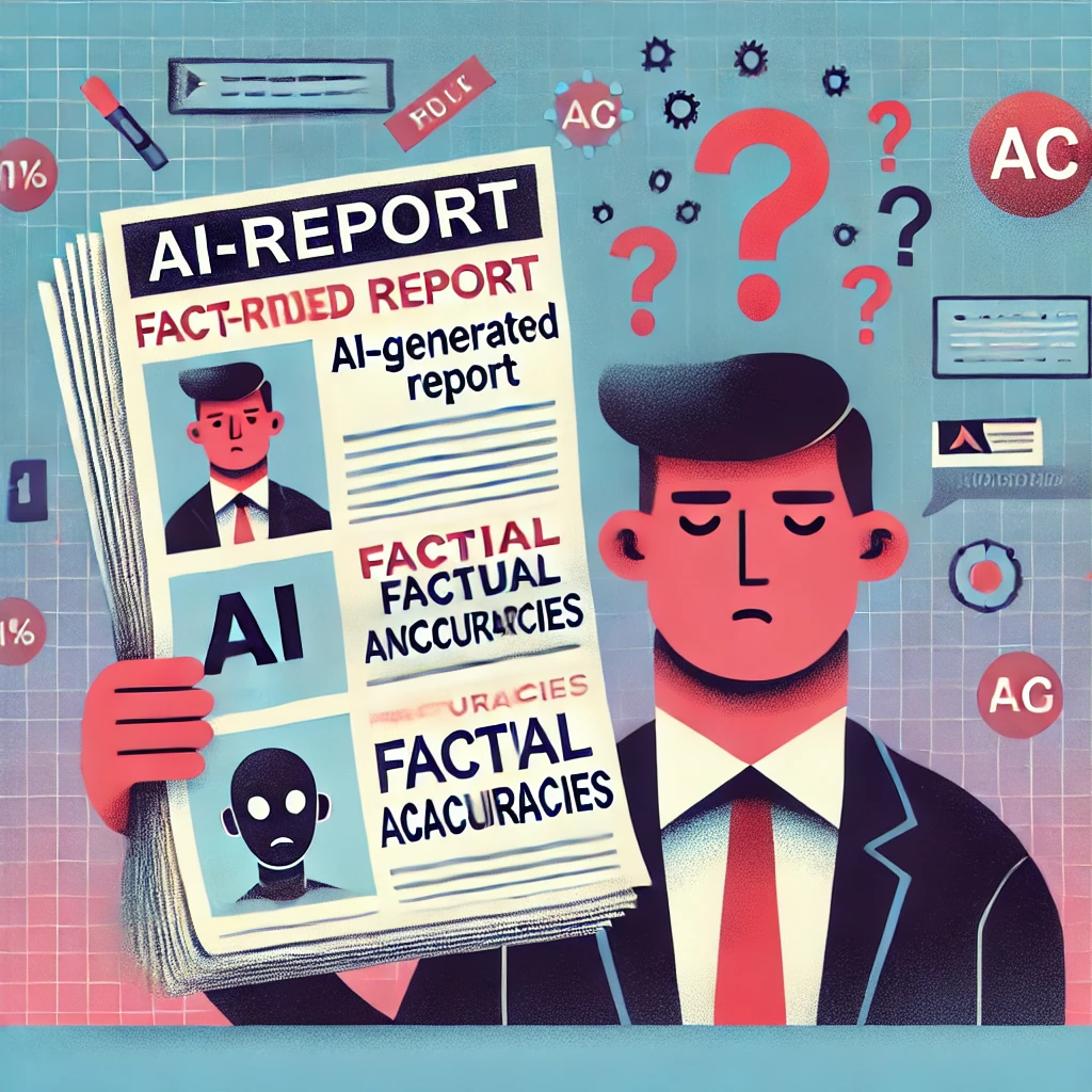 한 사람이 홀로그램 스크린에서 AI가 생성한 정보들을 신중하게 검토하고 있다. 데이터 사이에는 물음표와 디지털 왜곡 효과가 나타나 AI 정보의 불확실성을 상징한다