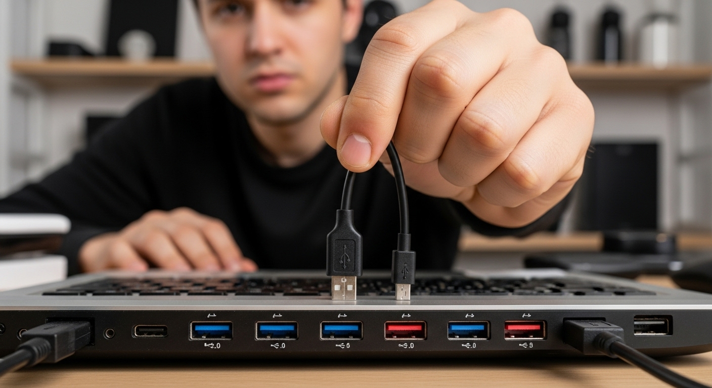 한 사람이 노트북의 여러 색깔 USB 포트 중 한 곳에 무심코 USB 케이블을 꽂는 모습. 잘못된 포트 사용의 무의미함을 나타낸다.