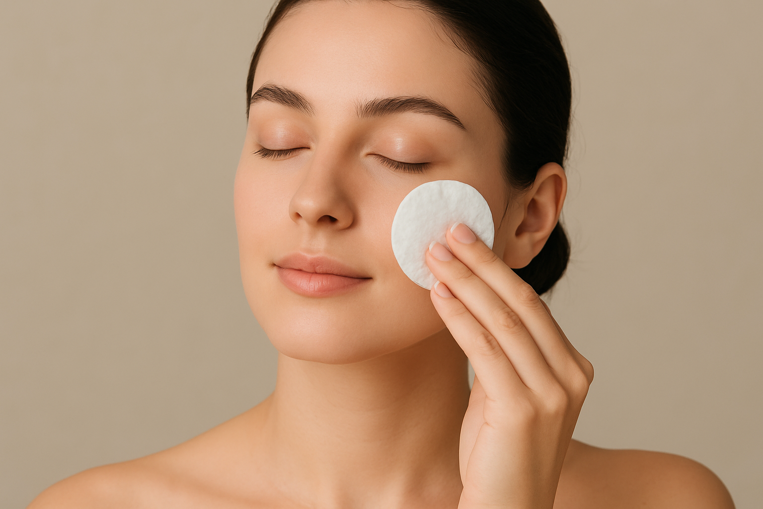 여성이 녹차 토너를 솜에 묻혀 얼굴에 바르고 있는 이미지