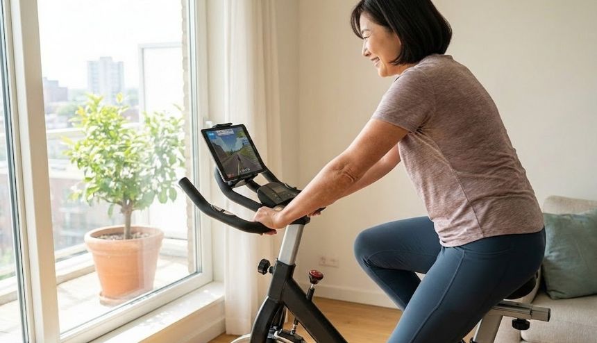 무릎 관절에 무리 없이 거실에서 안전하게 실내 자전거를 타며 중성지방을 태우는 중장년 여성