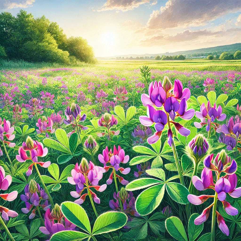 푸른 들판 위에 연보라빛 꽃을 피운 자운영 (Astragalus sinicus)의 생동감 넘치는 모습. 부드러운 햇빛 아래 퍼져 있는 자운영의 꽃잎은 클로버 모양을 띠며 풍성하게 피어나고, 푸른 줄기와 잎사귀가 자연스러운 배경과 어우러져 생태적 조화가 돋보입니다. 배경에는 멀리 숲이 자리 잡고, 맑은 하늘에 구름이 흩어져 있어 평화롭고 활기찬 자연의 풍경이 강조됩니다.