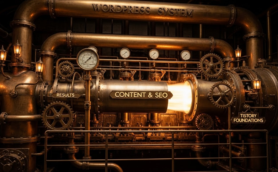 콘텐츠를 '결과'로 변환하는 과정을 비유하는, 스팀펑크 미학의 'WordPress System' 기계 장치