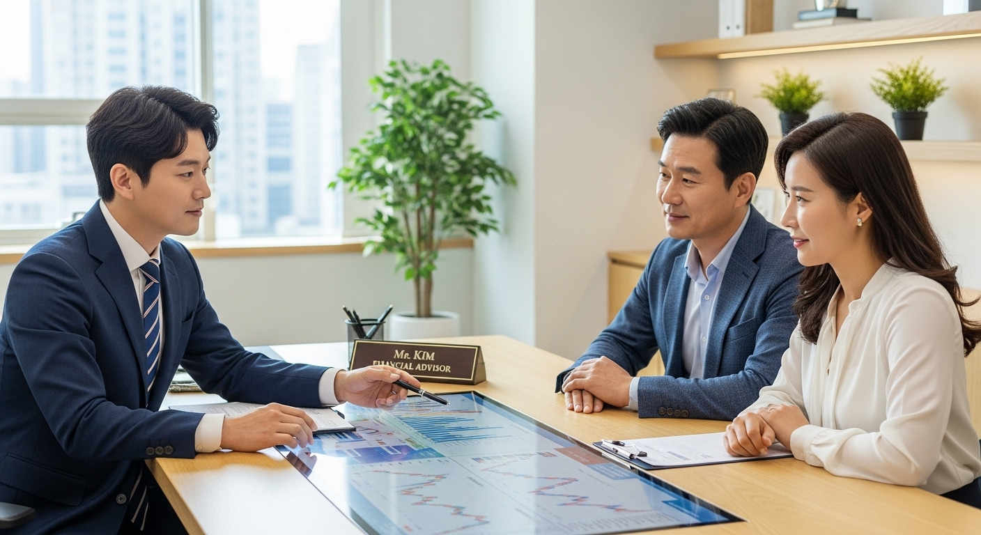 금융 전문가가 40대 한국인 부부에게 보험 상품을 설명하는 모습, 전문가 상담의 중요성을 강조.