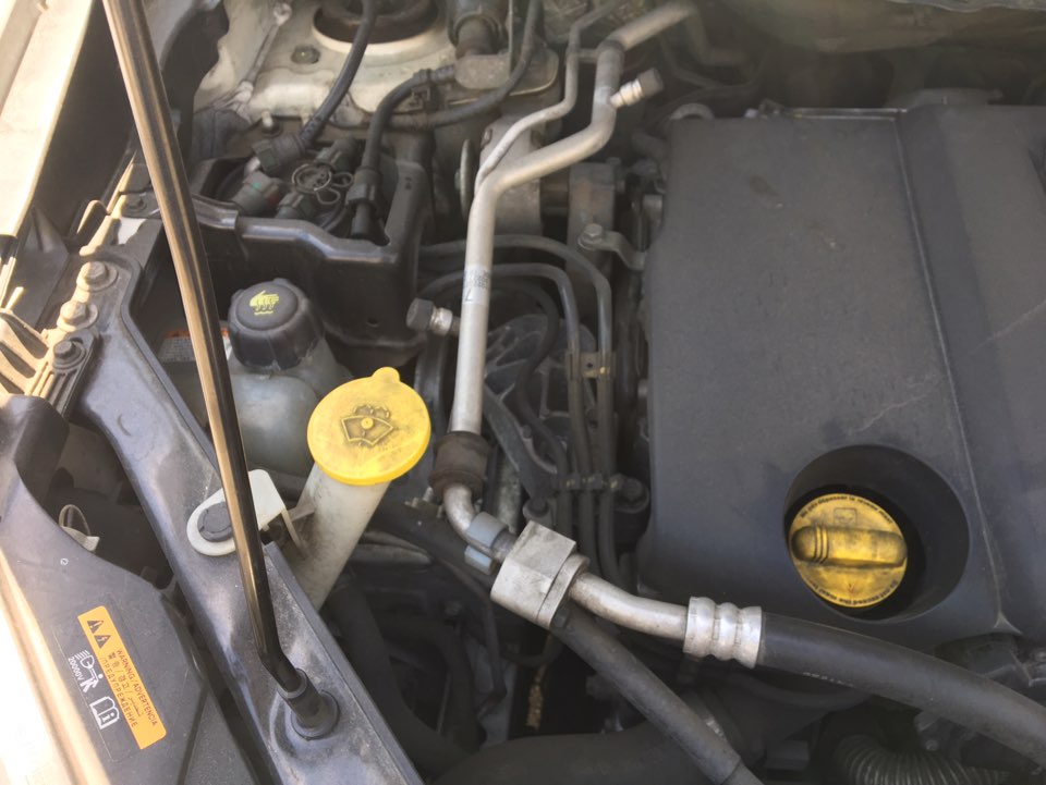 차량 본네트 오픈 후, 노란색 워셔액 주입구와 엔진 부품들이 보이는 모습