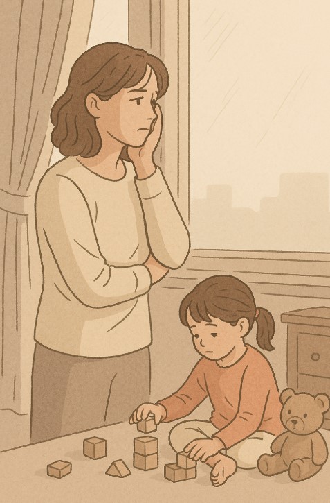 스트레스를 느끼는 엄마가 잠깐 창밖을 바라보며 자신을 돌보는 장면