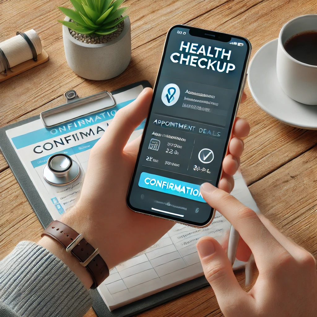 스마트폰 앱에서 건강검진 예약 확인 페이지를 보고 있는 사람의 모습. 예약 세부사항이 화면에 표시되며&amp;#44; 배경의 테이블에는 커피잔과 노트가 배치되어 준비성을 상징함