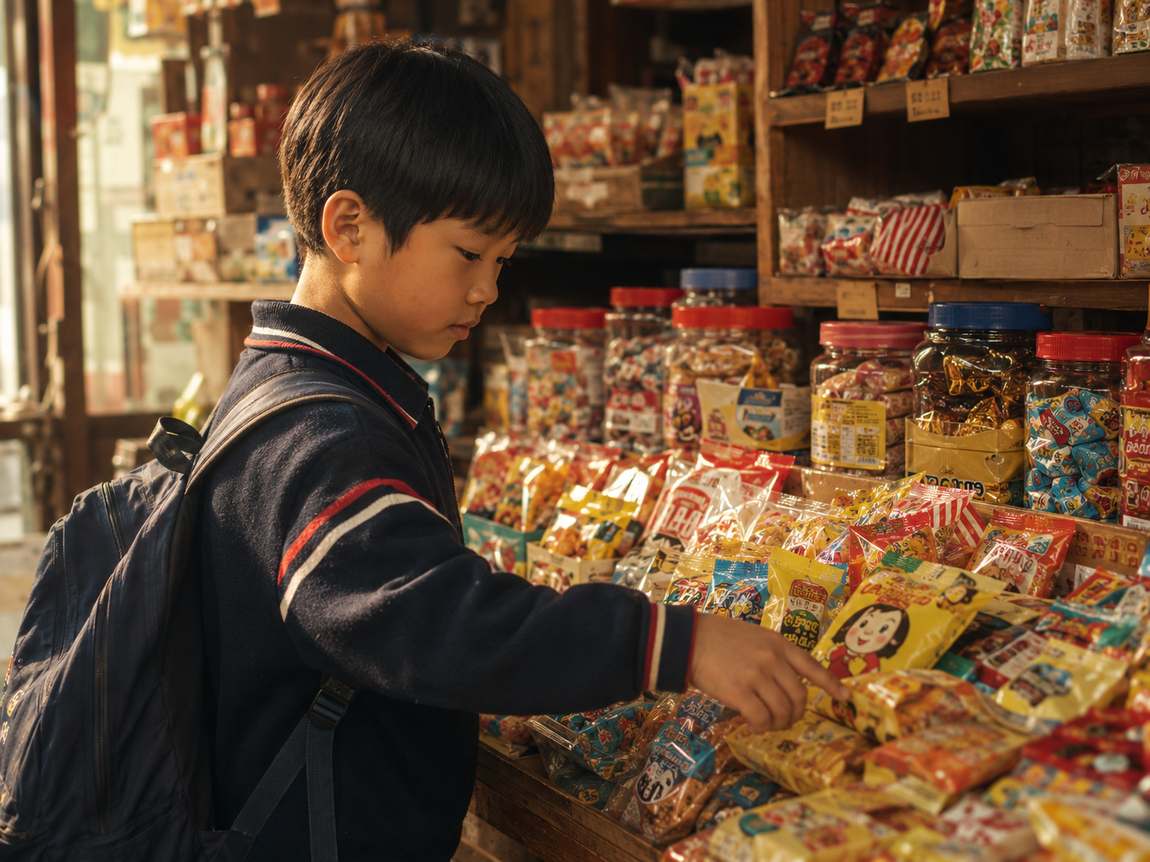 과자가 가득 진열된 동네 슈퍼에서 가방을 멘 아이가 과자 한 봉지를 고르는 모습