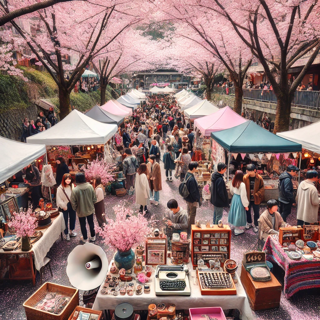 대청호 벚꽃 축제 프리마켓을 즐기는 사람들과 아이들 양옆으로 벚꽃 이 휘날리고있다.