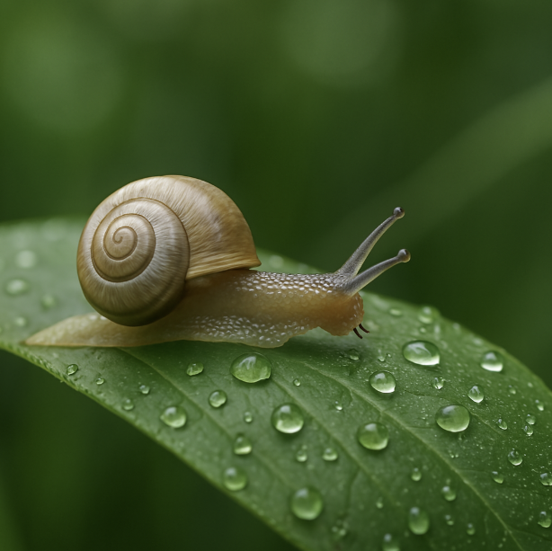 &quot;이슬 맺힌 초록색 나뭇잎 위를 천천히 기어가는 달팽이의 모습. 반짝이는 물방울들과 함께 조용하고 평화로운 아침 풍경이 담긴 사진.&quot;
