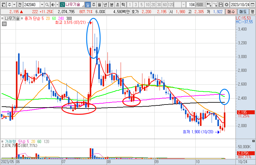 나무기술 일봉 차트