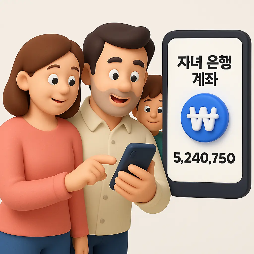 부모가 스마트폰으로 자녀 은행 계좌를 조회하는 장면 일러스트