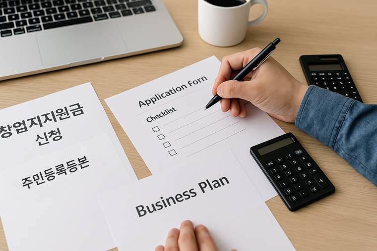 창업 지원금을 신청하기 위해 서류를 정리 중인 예비 창업자의 모습