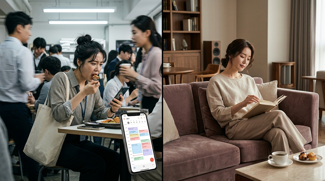 반복적인 일상과 편안한 호텔라운지의 대비