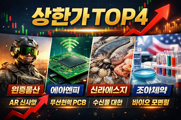 상한가 TOP4 이미지 원풍물산, 에이엔피, 신라에스지, 조아제약 이미지