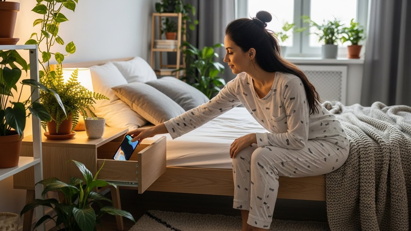 숙면을 위해 스마트폰을 침실 밖 수납함에 보관하며 디지털 단식을 실천하는 모습