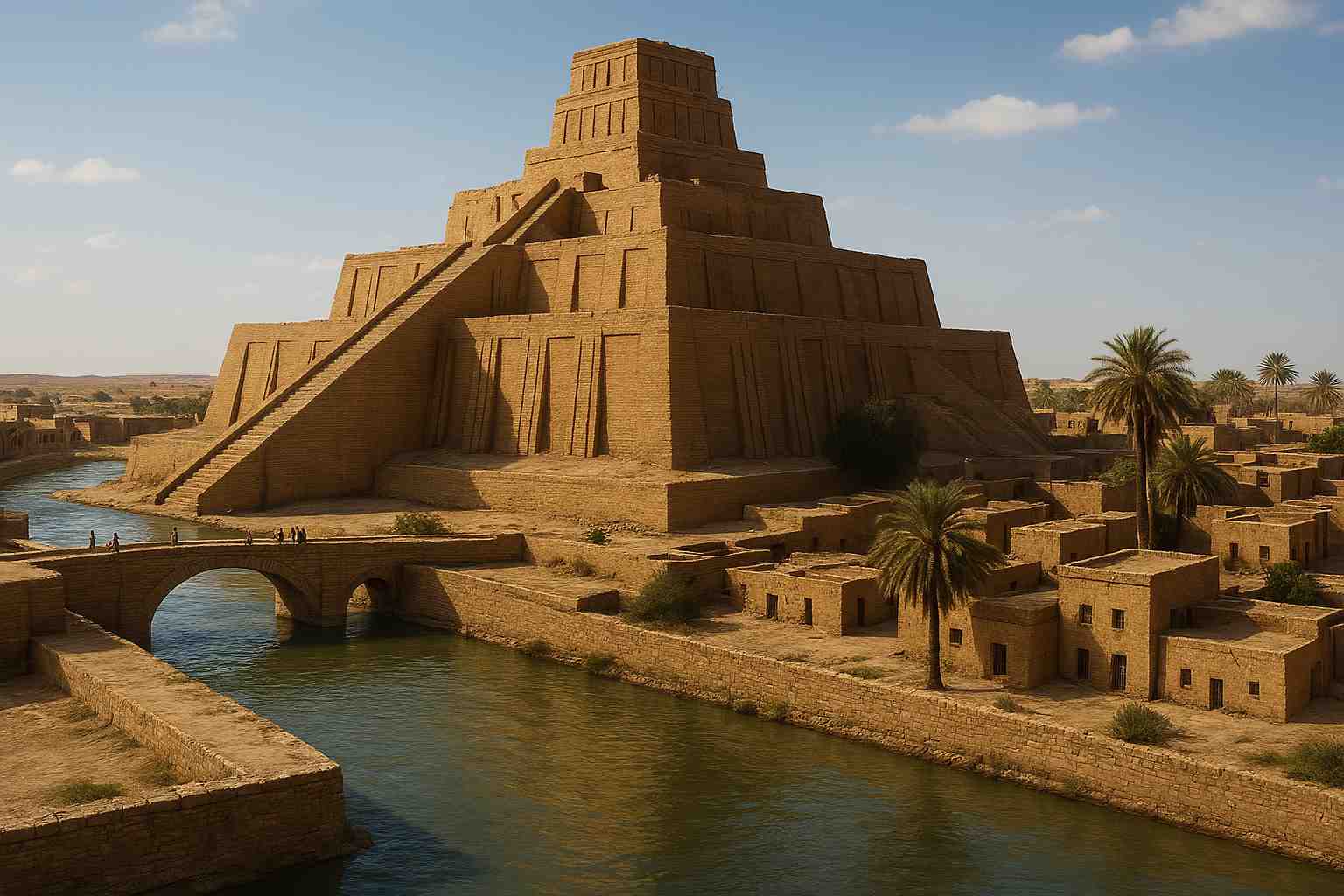 햇살 아래 강가에 솟아 있는 거대한 계단식 지구라트와 그 주변의 고대 도시. 운하를 따라 이어진 다리와 야자수, 흙벽돌 건물이 고대 메소포타미아의 삶을 보여준다.(대체 이미지)