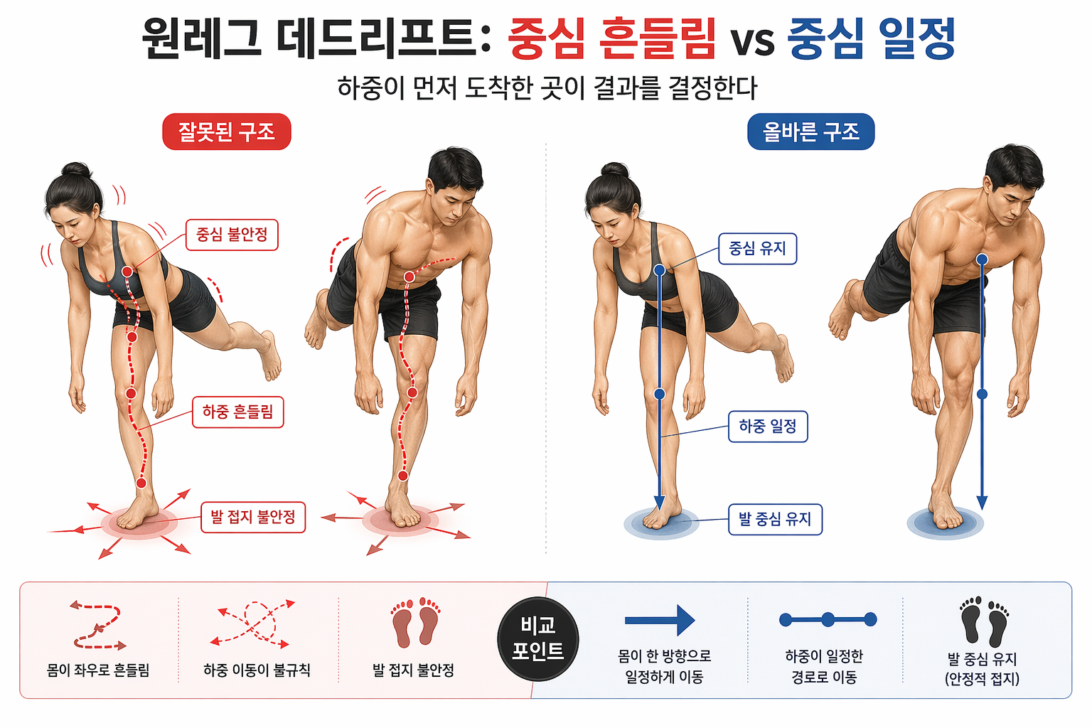 “원레그 데드리프트: 중심 흔들림 vs 중심 일정”