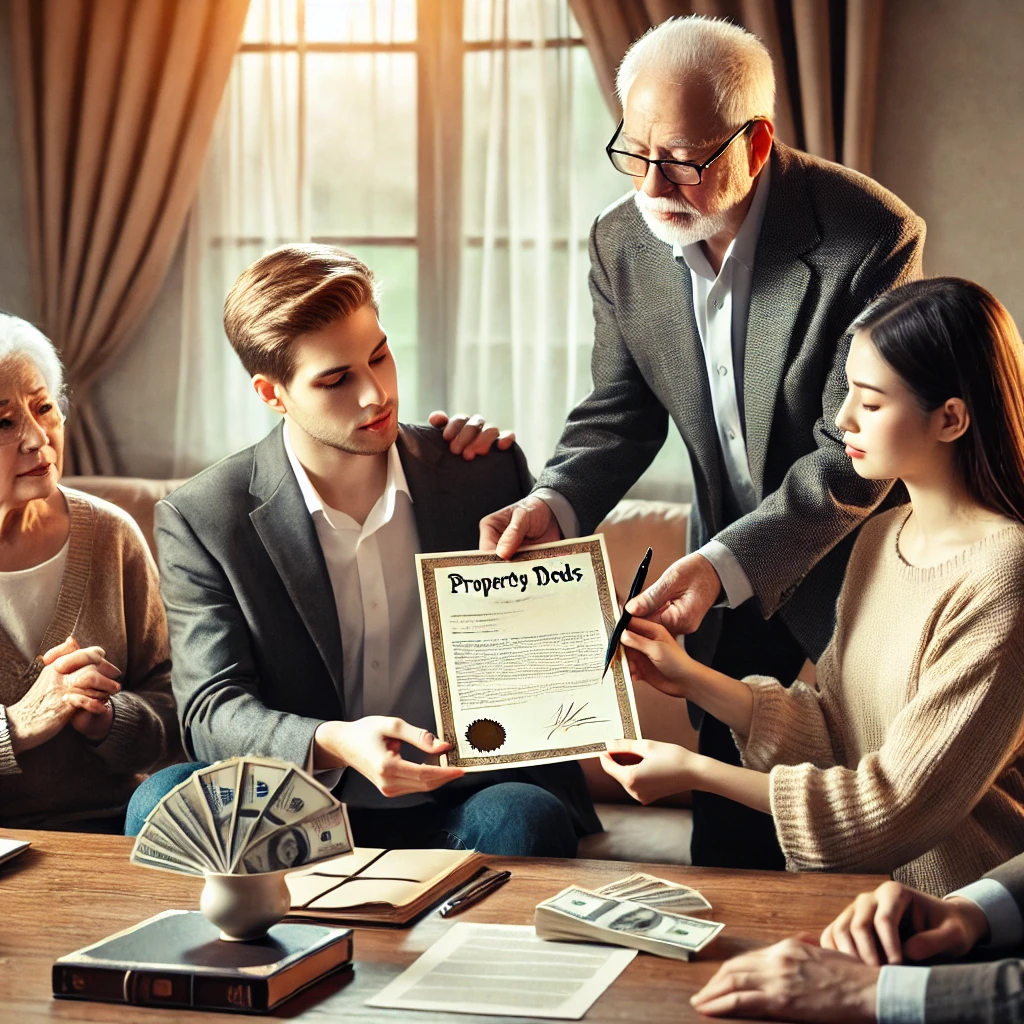 생전에 망인으로부터 재산을 받은 가족들: 가족들이 생전에 망인으로부터 재산이나 금전적 증여를 받는 장면.