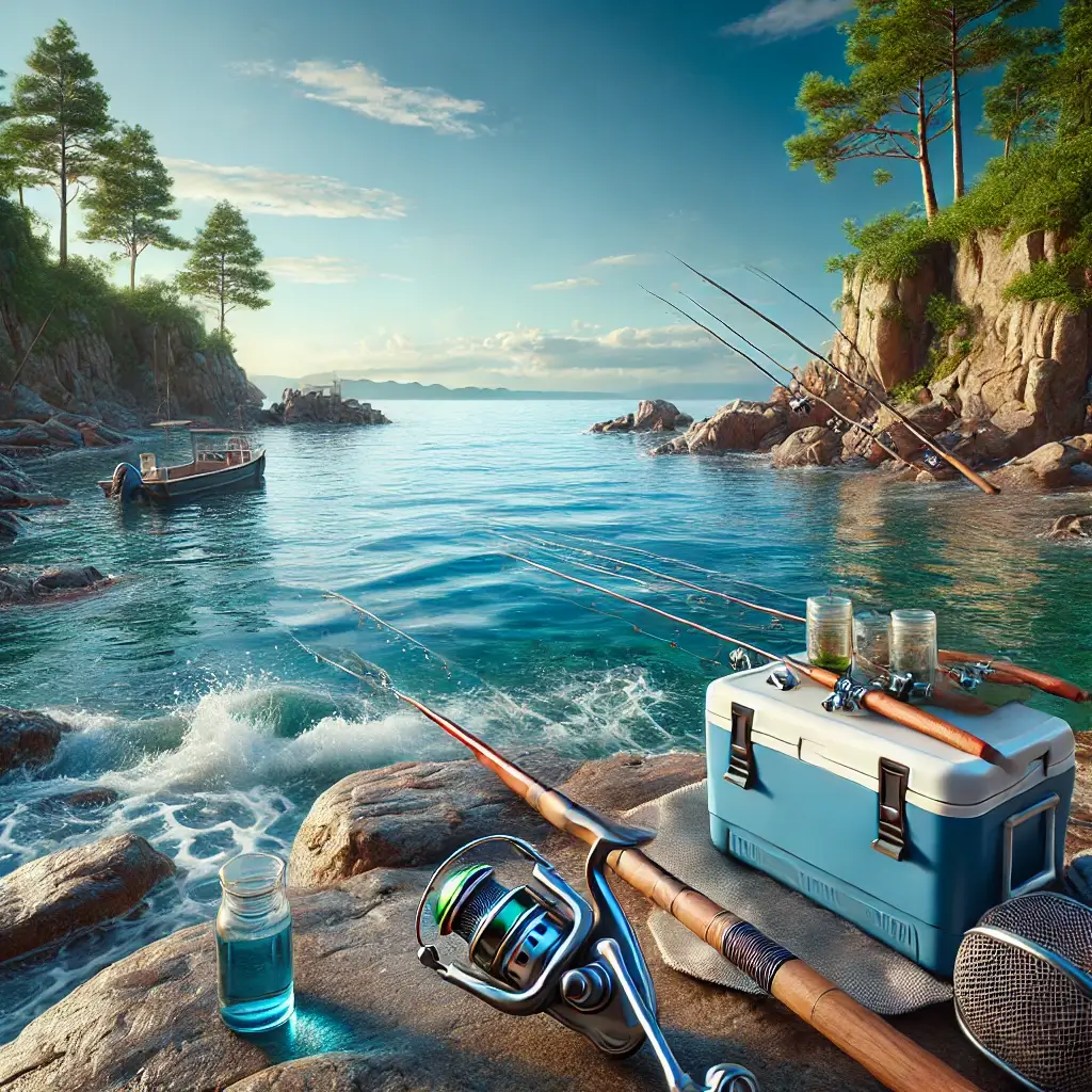 바다가 보이는 낚시하기 좋은 풍경을 묘사한 이미지