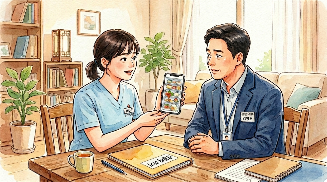 간호사 출신인 딸이 치매 증상을 보인 아버지의 행동(엉망이된 냉장고 모습)을 사진으로 찍어 놓고, 관찰 기록한 것을 건강보험관리공단 직원에게 보여주고 있는 모습.