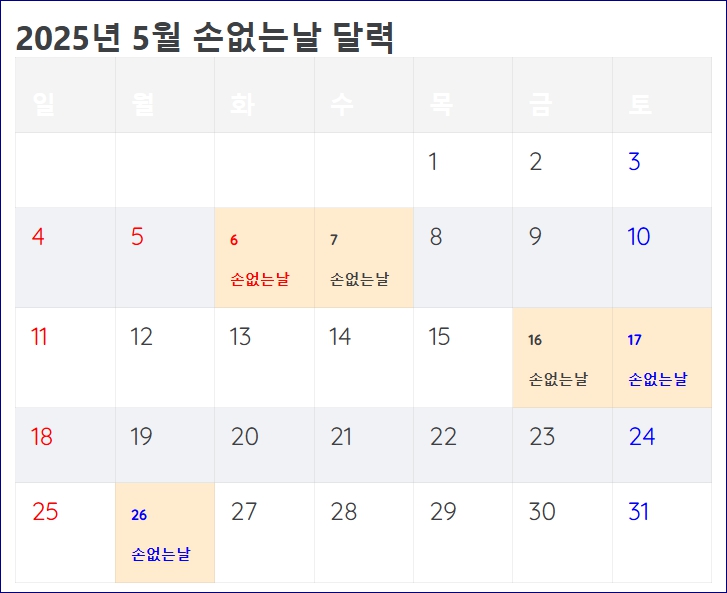 손없는날 달력 이사 결혼 개업 2025년