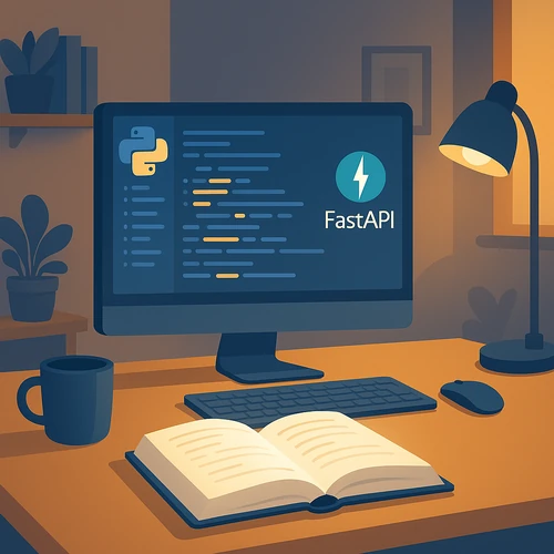 A clean flat-design illustration of a Python developer workspace with FastAPI code on the monitor, an open glowing technical book, warm home office lighting, and a blue-yellow color palette.