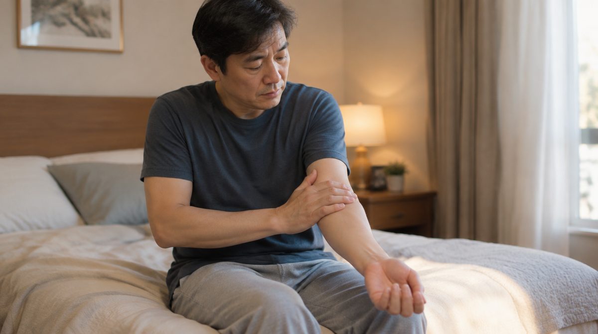 감각이 둔한 마비된 팔을 왼손으로 문지르는 뇌출혈 환자