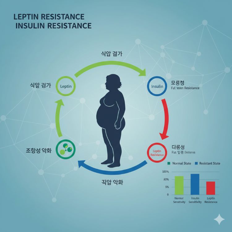렙틴 저항성과 인슐린 저항성의 악순환을 보여주는 순환 다이어그램. 중앙에 비만한 사람 실루엣이 있고, 주변에 렙틴(초록색)과 인슐린(파란색) 아이콘이 화살표로 연결되어 악순환 구조를 표현. '식욕 증가', '지방 축적', '저항성 악화'가 순환하는 모습. 한쪽에는 정상 상태와 저항성 상태를 비교하는 차트 추가. 의학적 정확성과 시각적 임팩트가 조화된 인포그래픽 스타일, 블루-그린-레드 컬러 조합