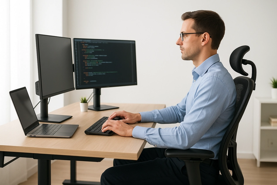 개발자를 위한 올바른 인체공학적 책상 세팅과 바른 앉기 자세를 보여주는 사무실 환경