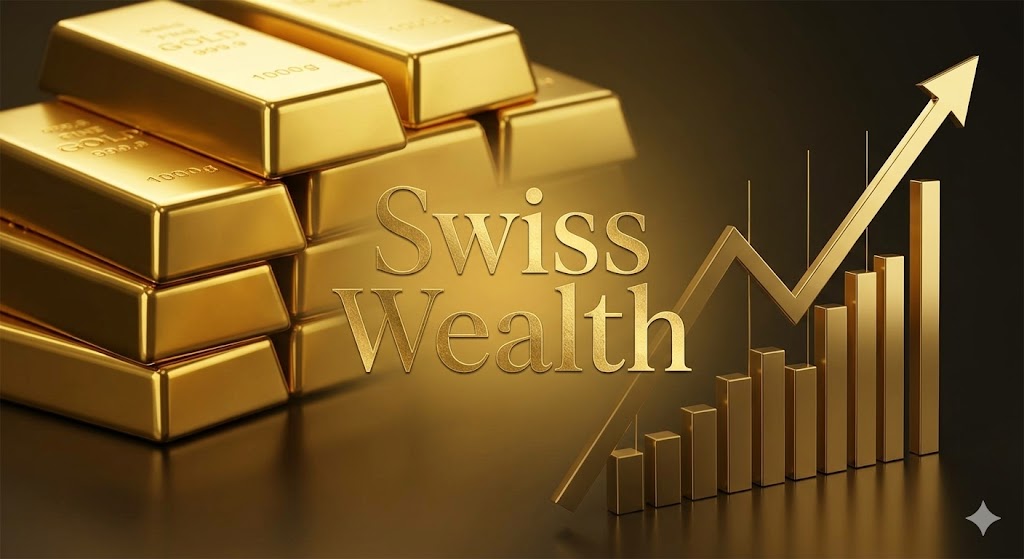 금괴와 우상향하는 정밀 그래프가 어우러진 'Swiss Wealth' 금박 브랜딩 이미지. 독자에게 강력한 경제적 신뢰감을 부여함.