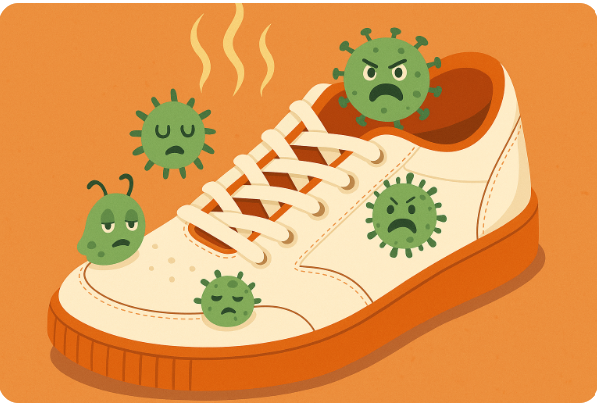 여름철 운동화 속 귀여운 세균 모양 일러스트
