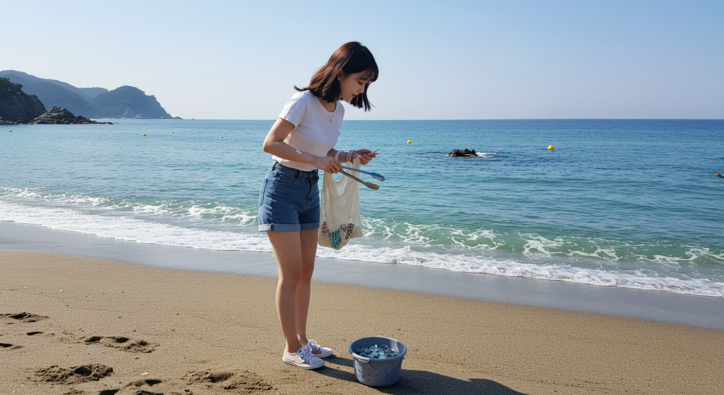 강릉 해변에서 한 사람이 집게와 봉투를 들고 비치코밍을 하고 있는 모습