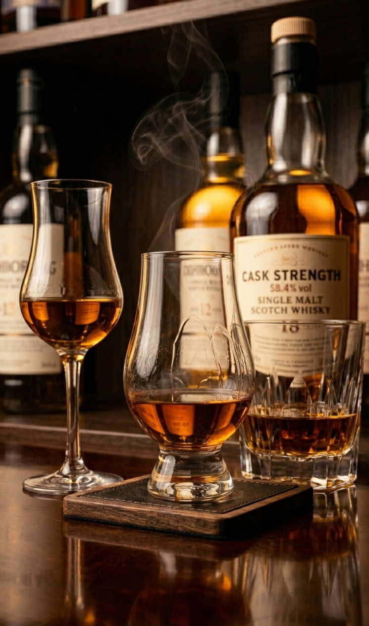 대표적인 위스키 전용 잔인 글렌캐런 잔과 튤립 모양의 코피타 잔, 그리고 묵직한 온더락 잔이 나란히 놓여 있는 세로형 이미지.