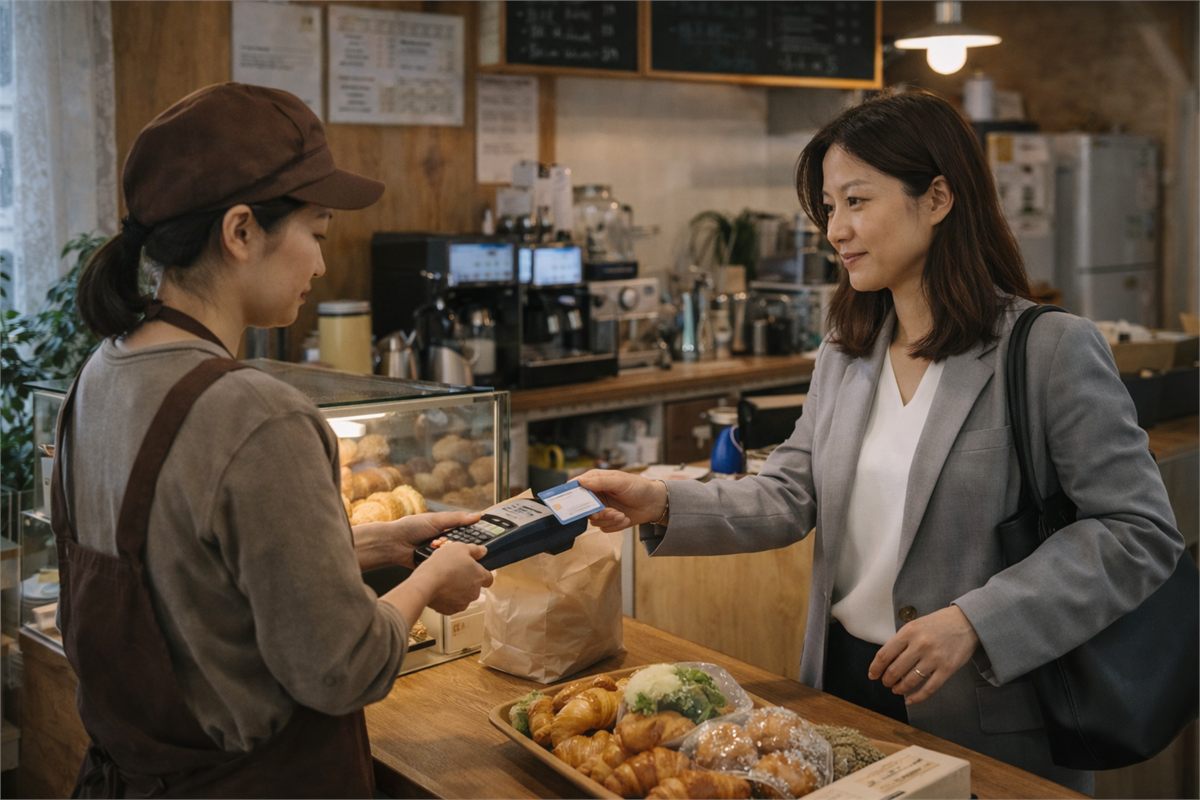 동네 빵집에서 결제하는 직장인의 생활형 장면 