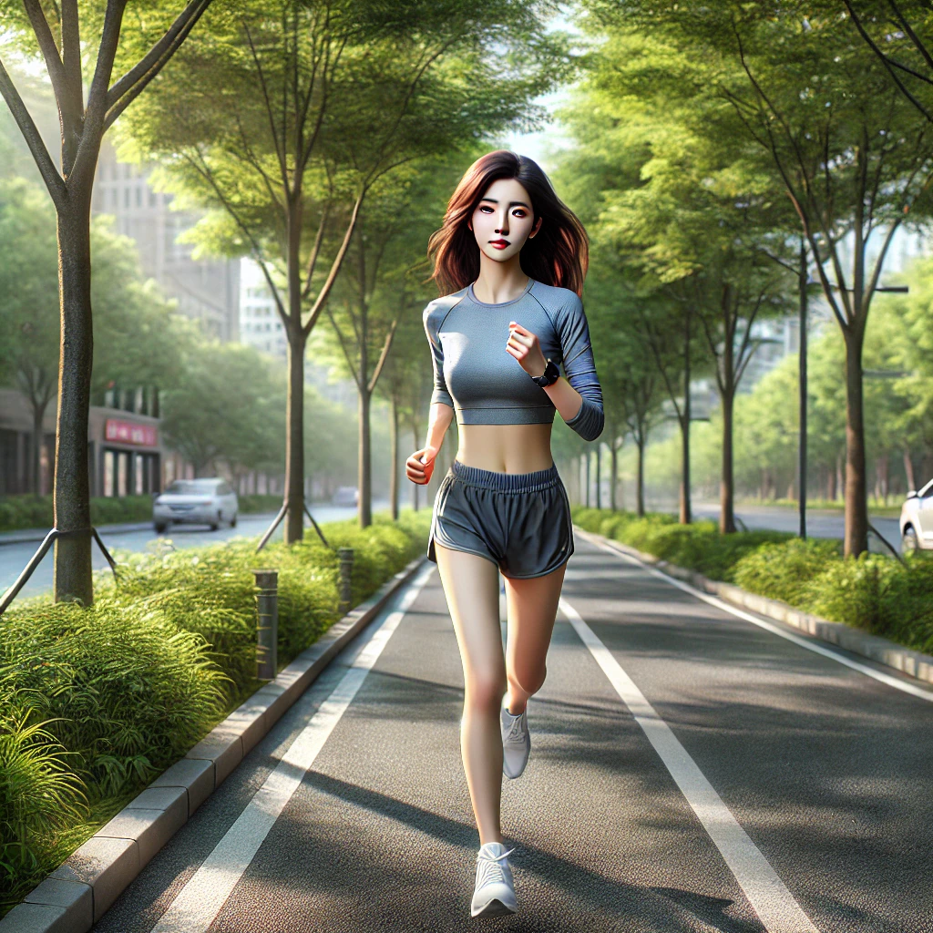 여성이 맑은 아침 공원에서 조깅을 하고 있는 모습. 운동복을 입고 단호한 표정으로 나무와 초목으로 둘러싸인 포장 도로를 달리고 있습니다. 날씨는 맑고 쾌적합니다