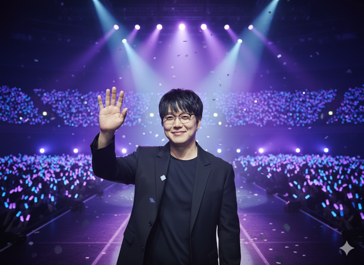 무대 중앙에서 팬들에게 인사를 건네며 미소 짓는 성시경의 클로즈업