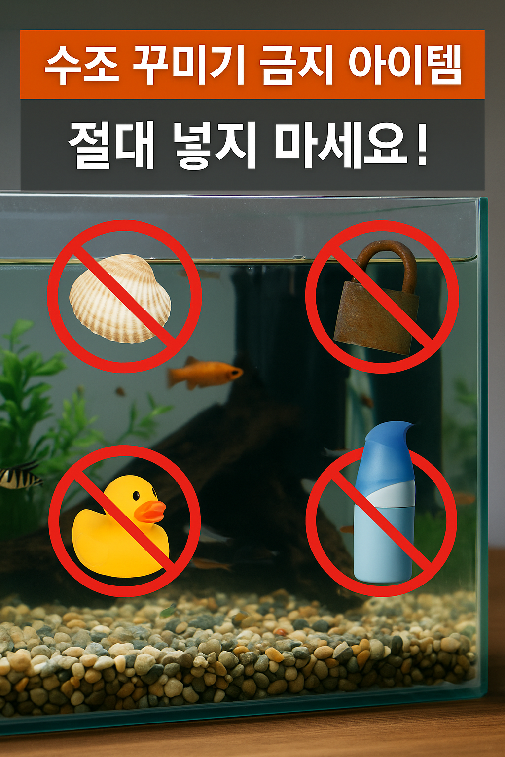 수조 속에 넣으면 안 되는 금지 아이템 네 가지(조개껍질, 녹슨 자물쇠, 고무 오리, 방향제)가 어항 안에 삽입된 모습 위에 붉은 금지 표시로 강조되어 있으며, 상단에는 ‘수조 꾸미기 금지 아이템 – 절대 넣지 마세요!’라는 경고 문구가 적혀 있는 경고 이미지.