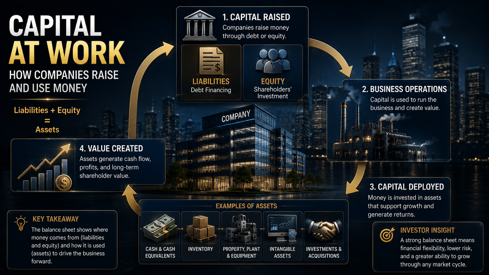 Corporate capital flow diagram showing how debt and equity are transformed into business assets and growth.