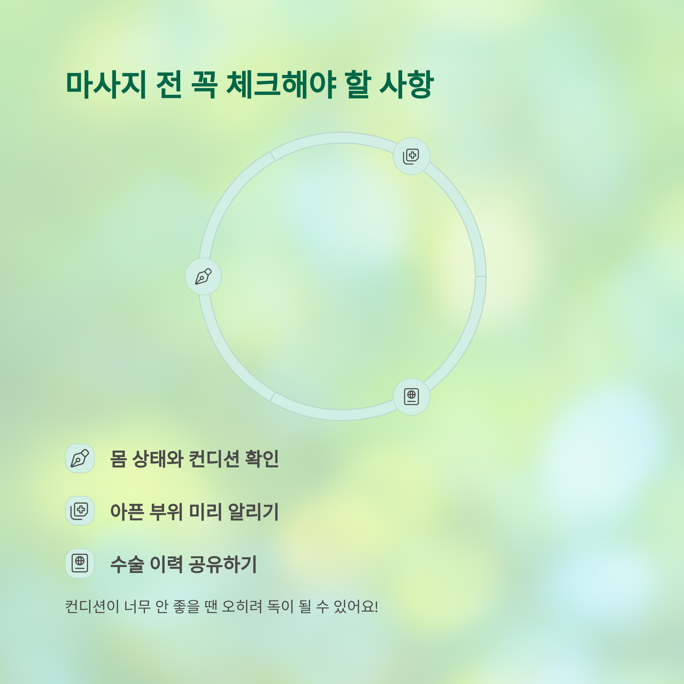 산모 마사지 전 꼭 확인해야 할 사항을 원형 아이콘과 함께 ‘몸 상태와 컨디션 확인’, ‘아픈 부위 미리 알리기’, ‘수술 이력 공유하기’로 안내하는 이미지