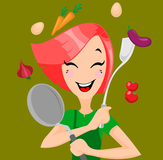 분홍색 단발머리 소녀가 웃으며 프라이팬과 주걱을 들고있고 사방에 야채들이 그려진 그림이다.