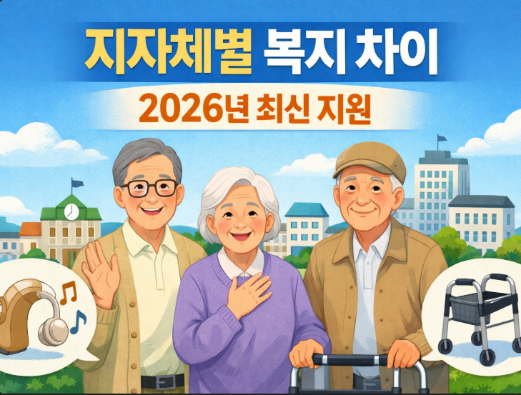 2026년 지역별 노인 복지 혜택을 주제로, 웃고 있는 노인 일러스트와 함께 보청기·보행기 아이콘이 배치된 안내형 이미지. ‘지역별로 다른 복지 혜택’, ‘우리 동네는 얼마나 받을까?’ 문구가 포함된 썸네일