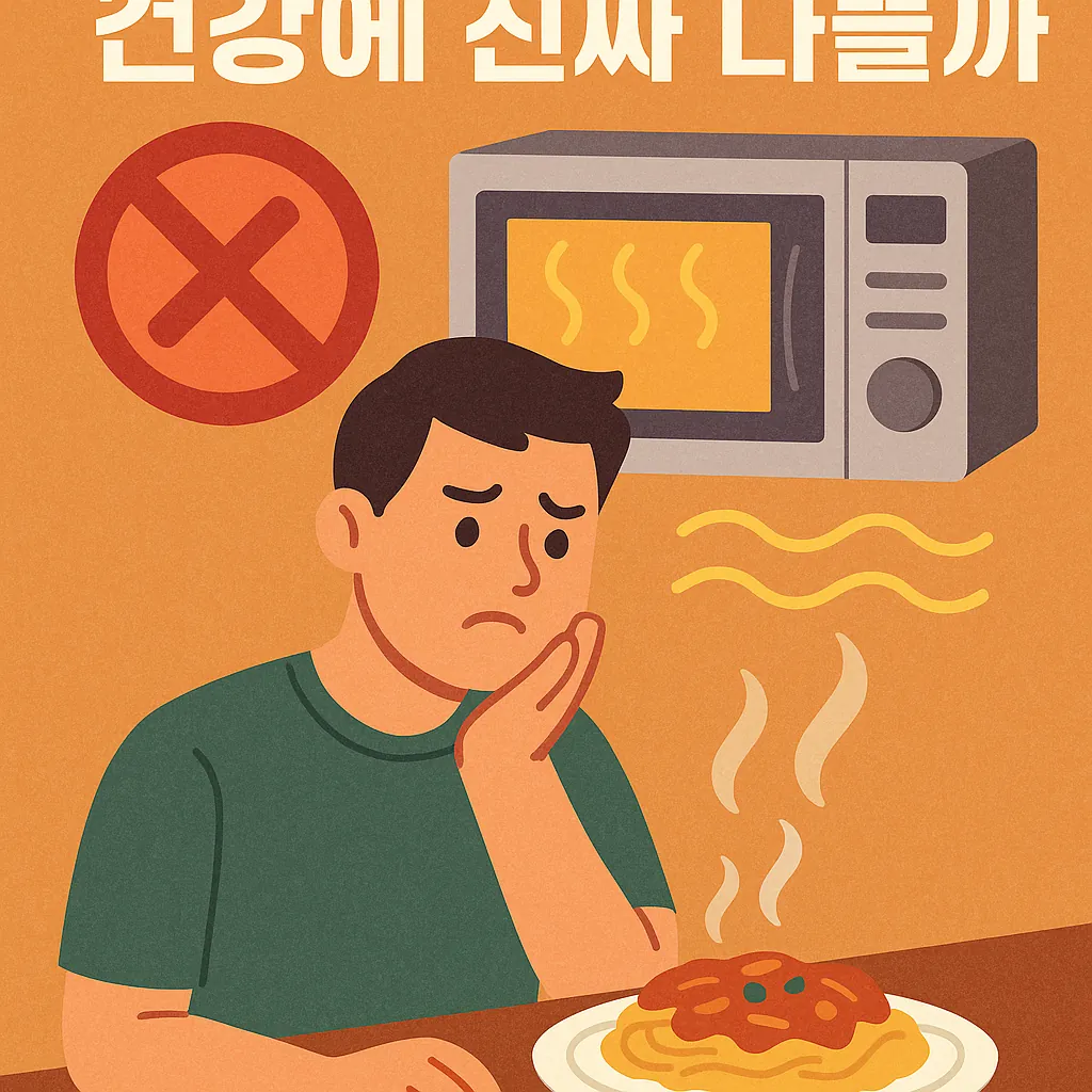 전자레인지-음식이-건강에-나쁜지-고민하는-남성이-전자레인지와-스파게티를-앞에-두고-생각하는-장면의-일러스트
