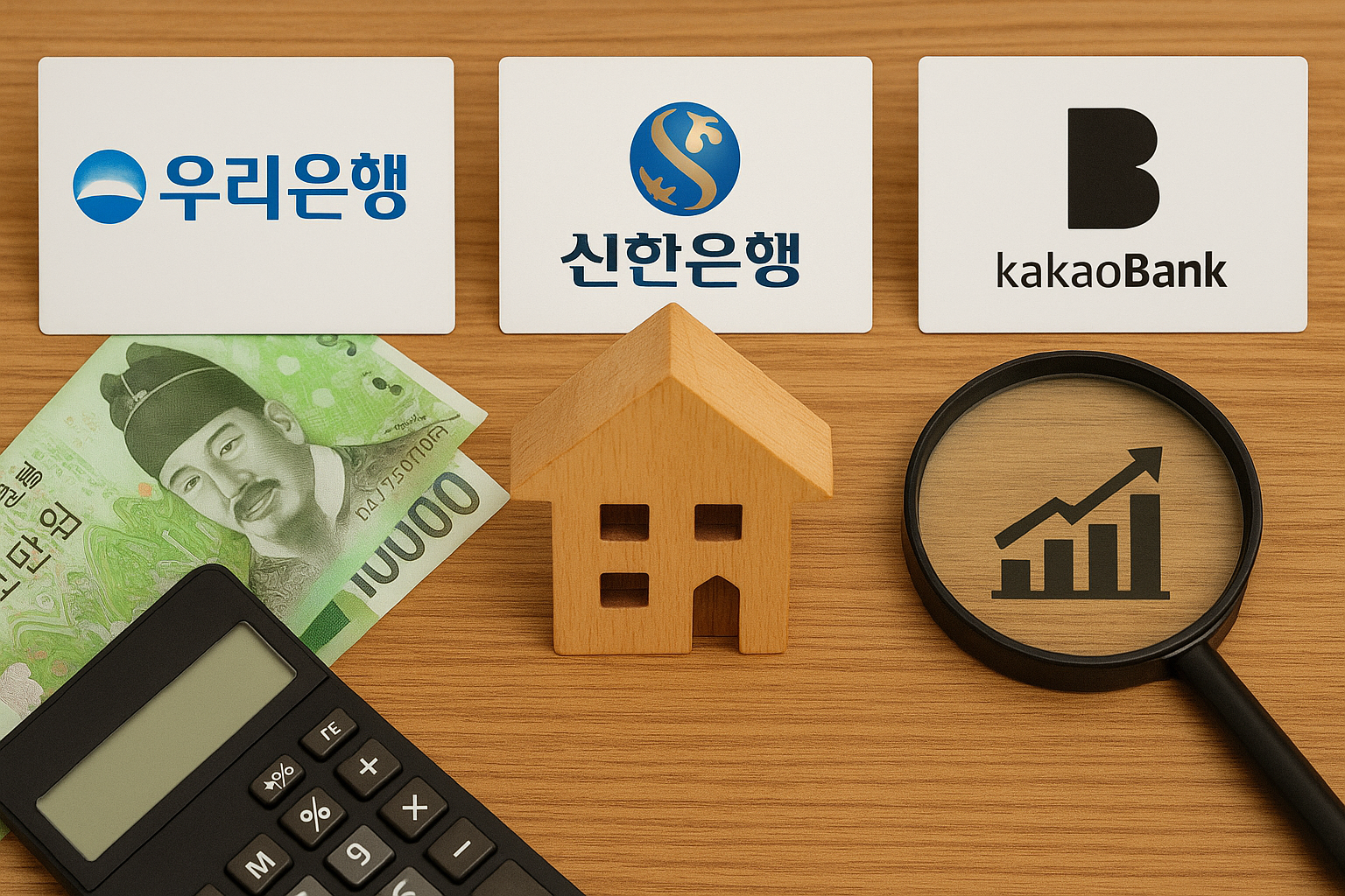 우리은행, 신한은행, 카카오뱅크 로고와 주택 모형, 한국 지폐, 계산기, 확대경이 나무 테이블 위에 놓여 있는 장면
