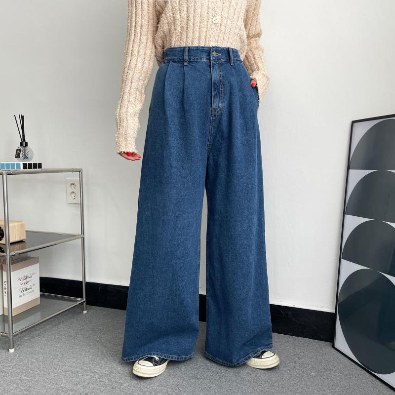 모스 하이웨스트 핀턱 와이드 청바지 진청 연청 데님 팬츠 오버핏 (2colors)