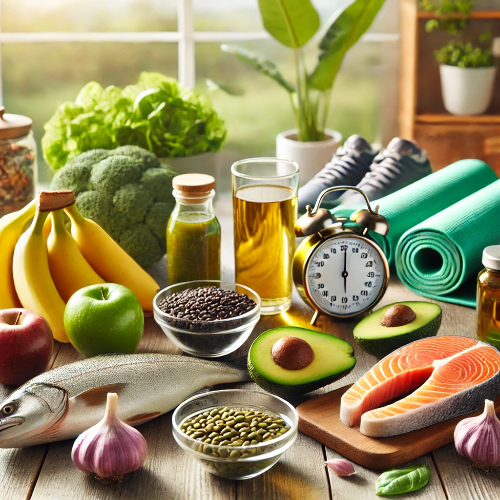 혈압 관리에 도움이 되는 음식과 건강한 생활 습관: 바나나, 아보카도, 연어, 녹차, 요가 매트와 운동화