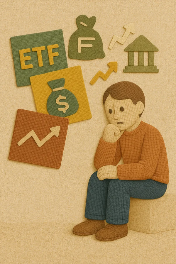 ETF, 펀드, 개별주식 아이콘과 함께 투자 방법을 고민하는 사람의 실루엣, 현명한 투자 선택의 중요성을 나타냄