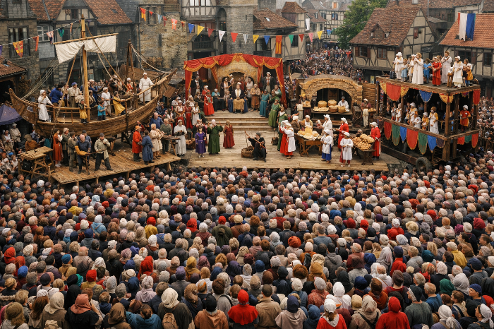 길드 주도로 열리는 대규모 도시 신비극 축제 현장