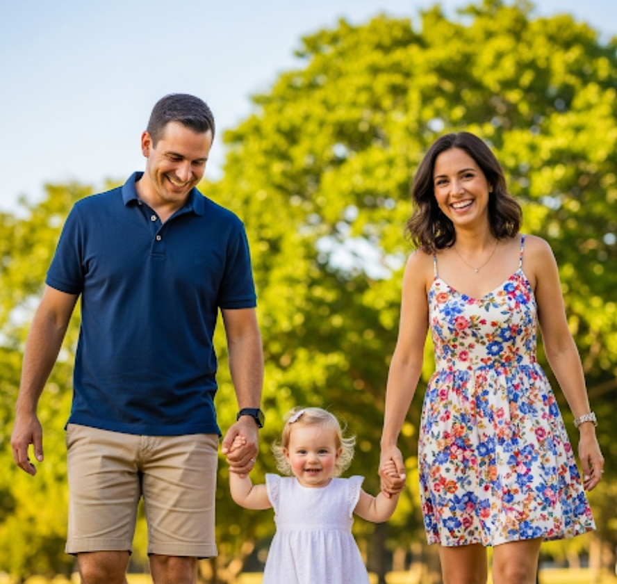 아빠 엄마와 아기가 공원에서 산책하는 사진