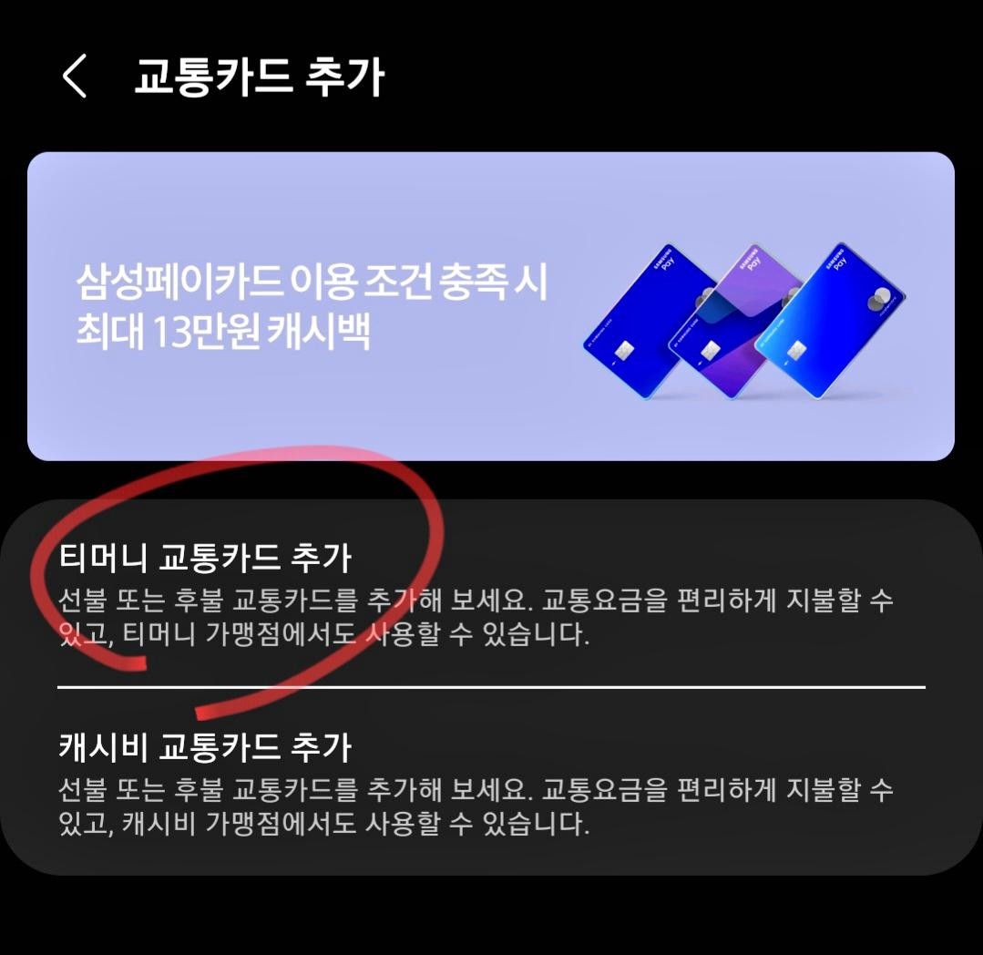 삼성페이 티머니 교통카드 추가
